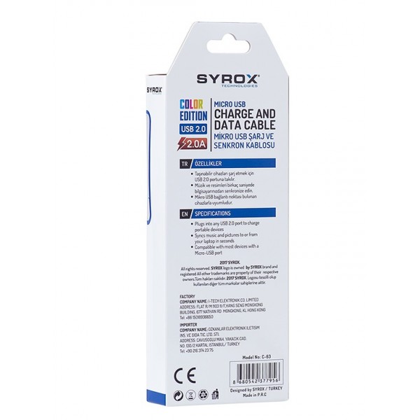 Syrox S6/S7 / 2.0A / 1,2M / Yassı Kablo C63