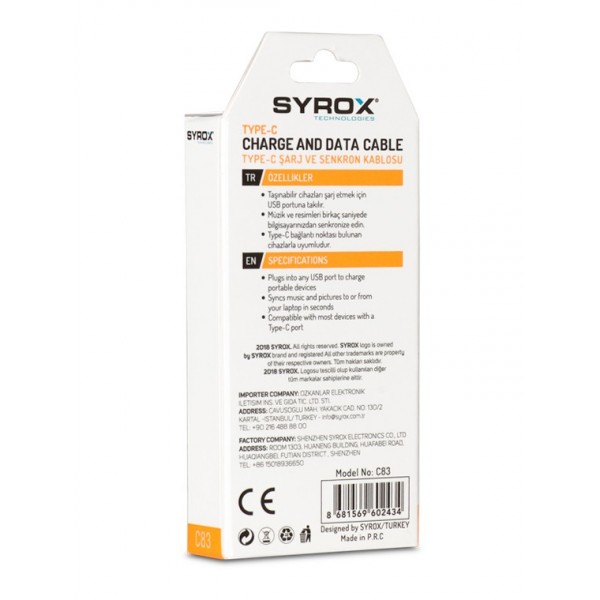 Syrox Type-C 1,2M 2.0 Amper Eco Kablo