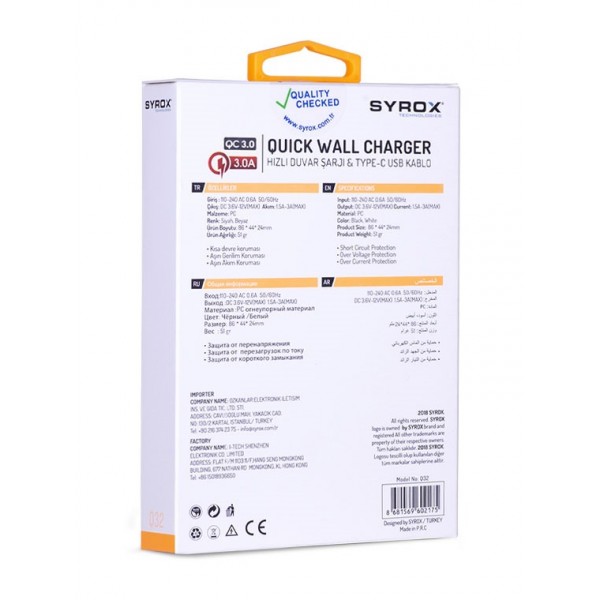 Syrox Type-C 3.0A Set Şarj Cihazı (Usb 3.0 - Quıck Charging) Q32